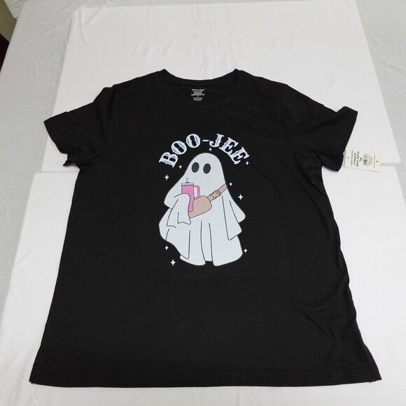 handmade Tops - Women's Halloween Shirt LARGE Ghost Boo-Jee Short Sleeve Black Graphic Stanley